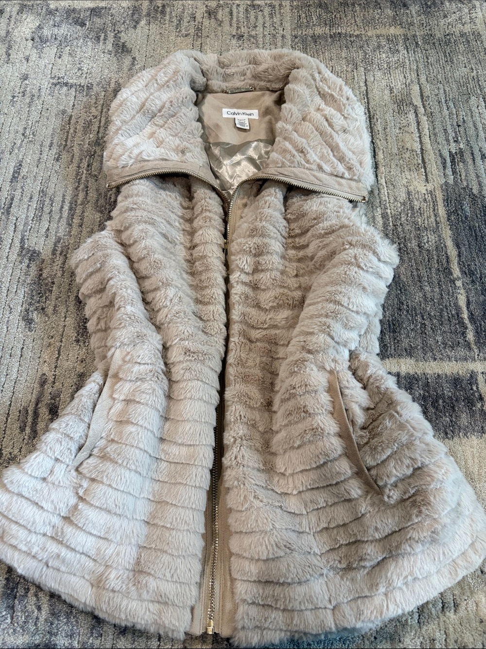 Calvin Klein Cream Faux Fur Zip-Up Vest